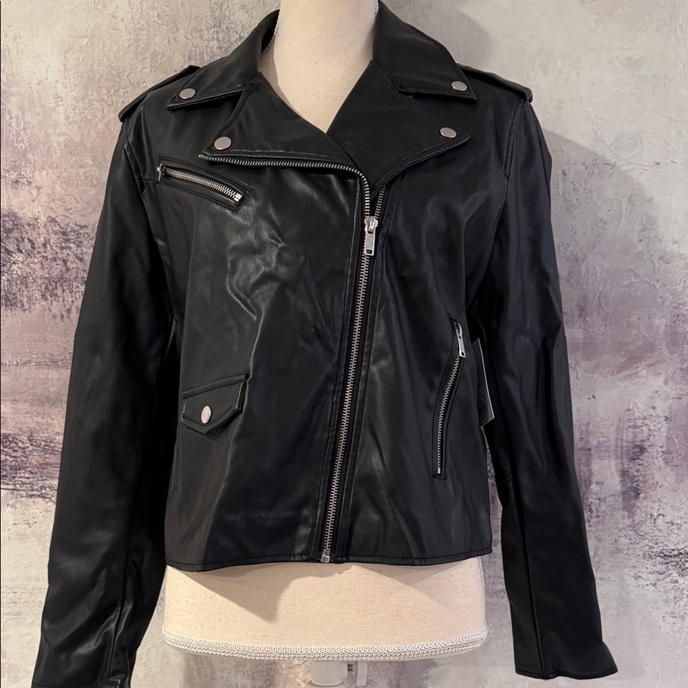 Nine West Faux Leather Black Women's Moto Jacket Size Large